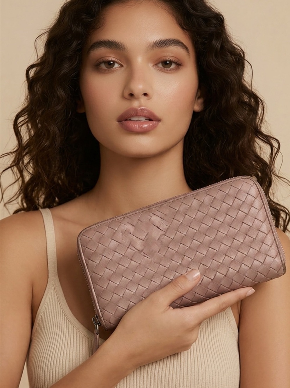 Bottega Veneta NAPPA
Lambskin Leather Woven Zip-Around Wallet in Blush Pink
